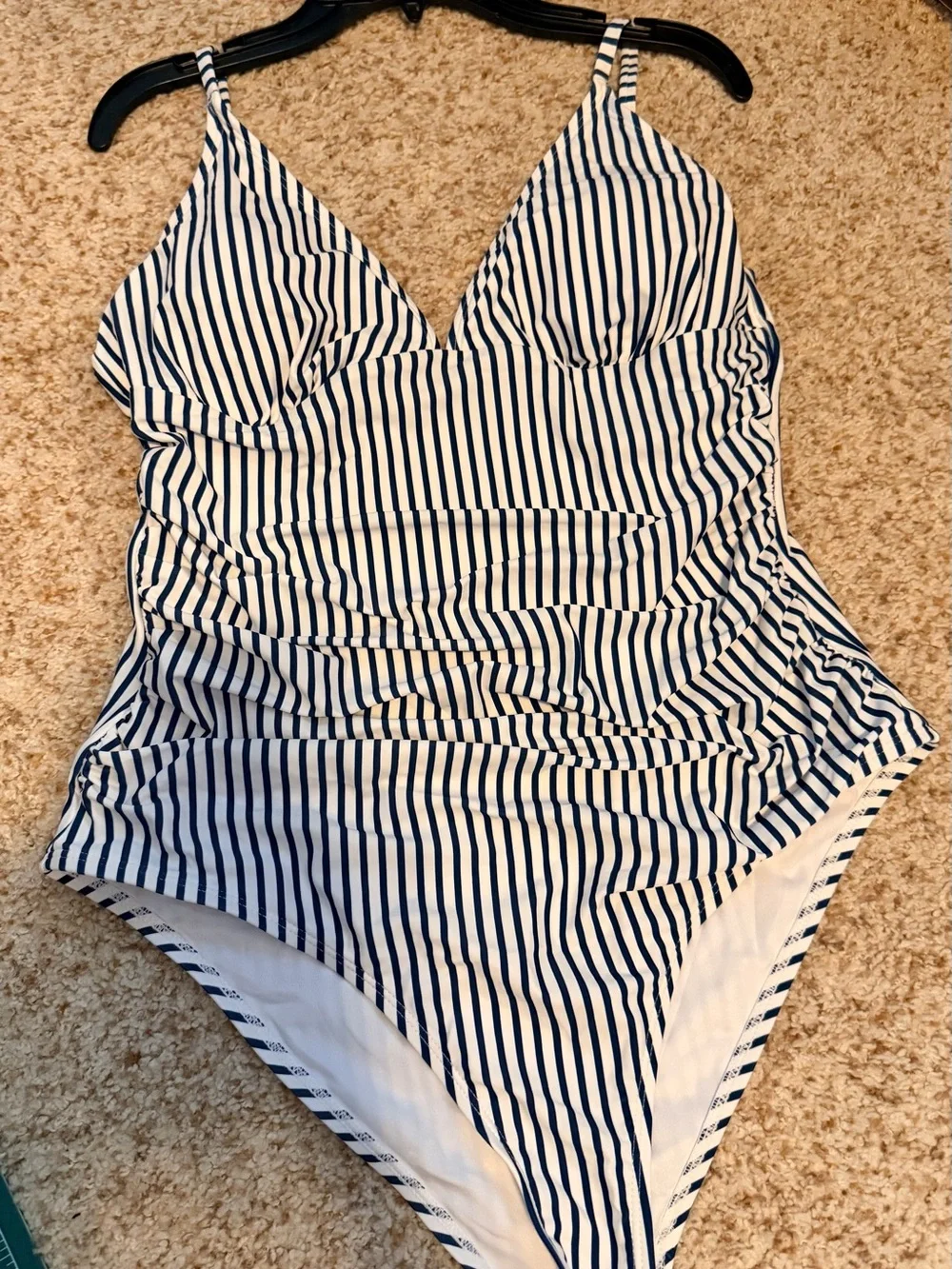 Cupshe Navy Teal and White Striped One-Piece Swimsuit